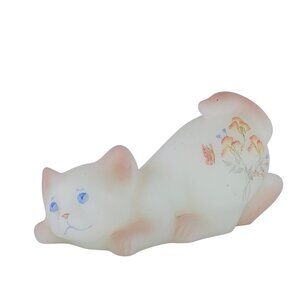 Fenton Peach Meadow Blooms on Opal Satin Crouching Kitten Glass Cat Figurine